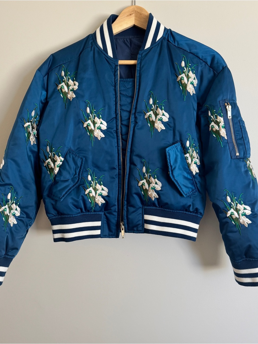 Carven Blue Floral Embroidered Bomber Jacket